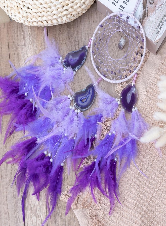 KHOYIME Agate Dream Catcher, Handmade Feather Dreamcatcher with Healing Crystal Stone Natural Gemstone Dream Catchers, Wall Art Hanging Decor Home Ornaments Craft Gift for Girls Adult Bedroom (Purple) - Image 5